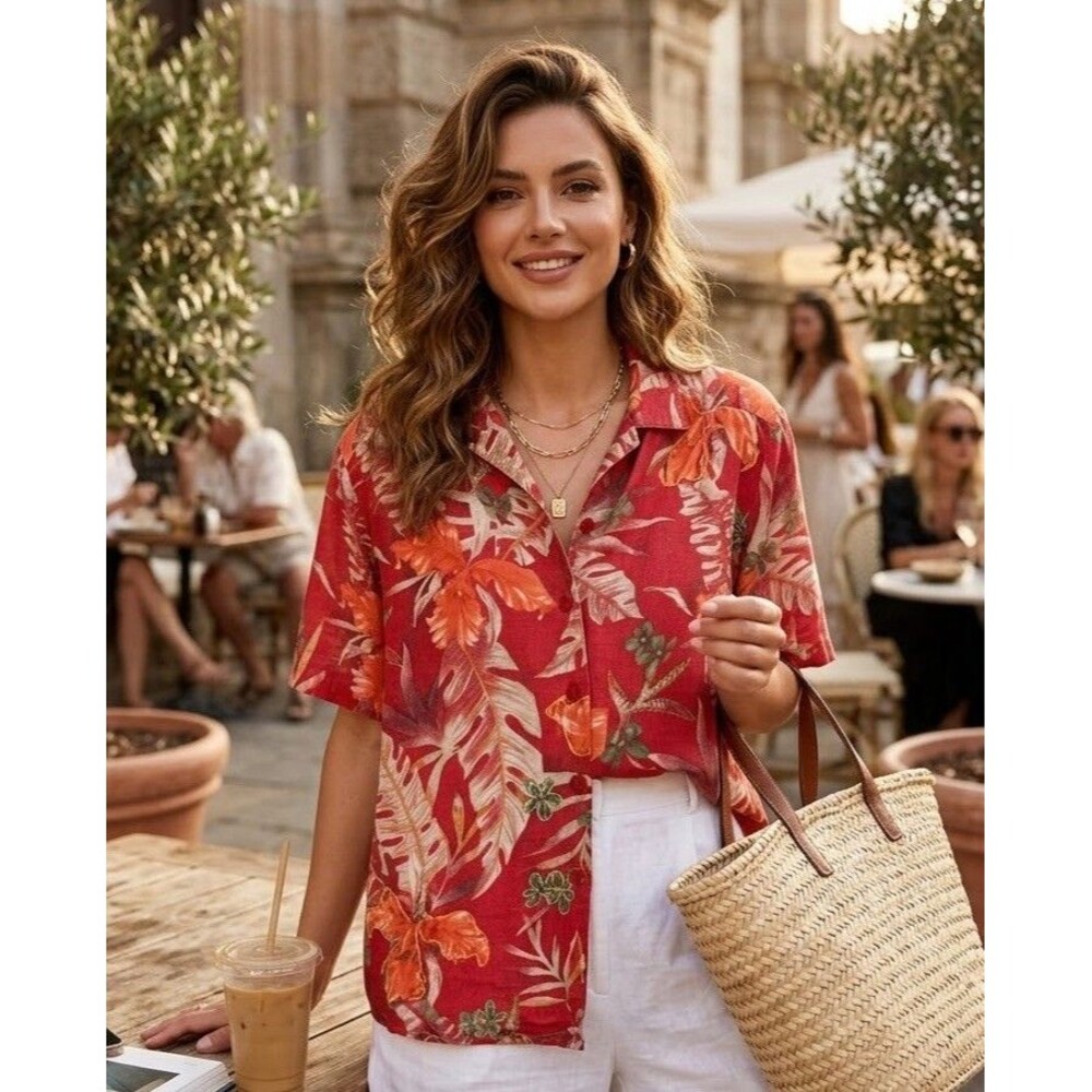 Vintage 90s Tropical Floral Silk Linen Camp Shirt Red Hibiscus Resortcore Top L